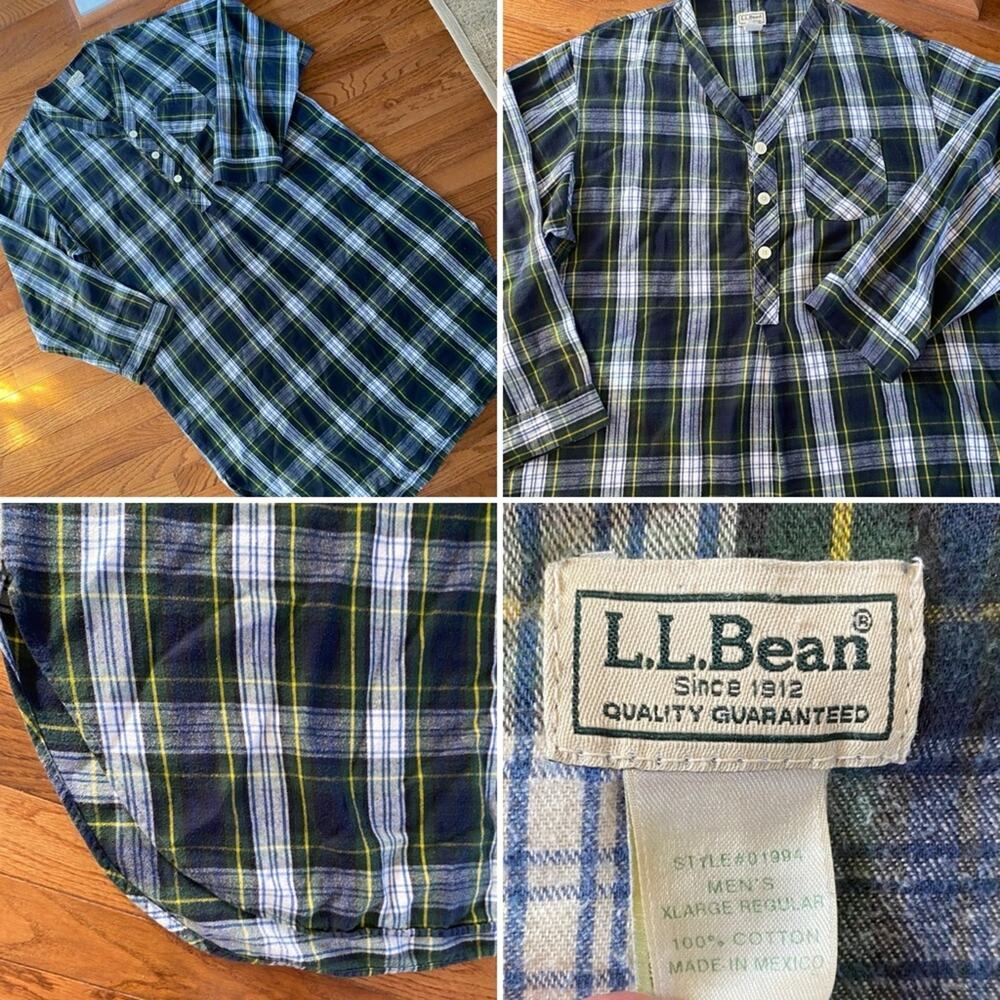 Vintage LL Bean Mens Cotton Flannel Sleep Shirt / Nightgown XL EUC